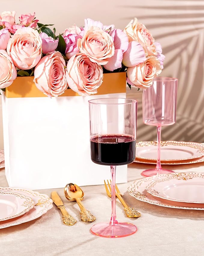 Ciaell 12 Pack Pink Plastic Wine Glasses - 10 Oz Disposable Wine Glasses with Stem for Parties & Weddings & Poolside & Outdoors & Camping