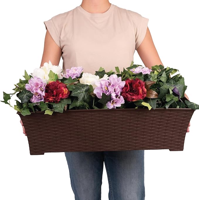 Elly Décor Set of 2 24x8 Rectangular Modern, Resistant and Self Watering Planter with Rattan-Like Finish, 24", Chocolate Brown