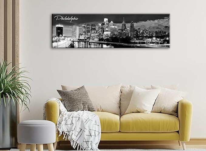 DJSYLIFE Philadelphia Skyline Canvas Art - 13.8"x47.3" Black & White Cityscape Wall Decor, Modern Panoramic Night View Print for Living Room, Office, Bedroom - Ready to Hang