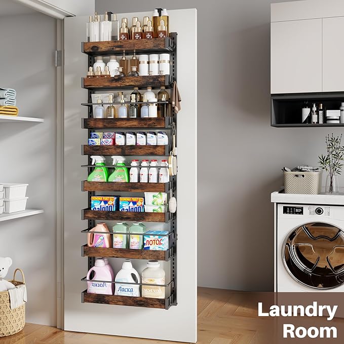 8 Tier Over The Door Pantry Organizer, 2 IN 1 Wall Mount or Metal Hanging Spice Rack for Pantry Organizers and Storage, Seasoning Shelves，Adjustable Basket with Hooks for Kitchen, Bathroom,Laundry