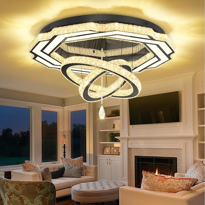Flashing God Large Chandelier Dia 40" Black Crystal Chandelier Flush Mount Ceiling Light for Bedroom Living Room Dining Room Hallway Dimmable 3 Rings LED Celing Lighting Fixtures