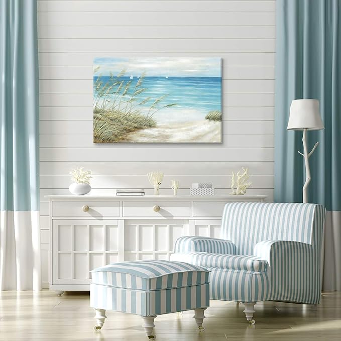 cozy country Coastal Wall Art 45"x30" - Beach Pictures Ocean Canvas Decor - Nautical Artwork Seascape Hand Painting for Living Room, Sea House