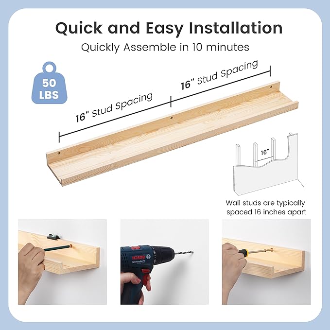 Picture Ledge Shelf for Wall, 36 inch Solid Pine Wood Nursery Book Shelves 2 Packs, Floating Ledge Shelves for Kids' Room Bedroom Bathroom Living Room Photo Frames Office Nursey Wall Decor, Natural