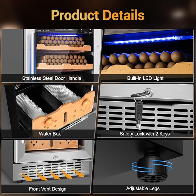 Electric Cigar Humidor,15 Inch Upgraded Large Capacity Electric Cigar Cabinet with Powerful Compressor, Digital LED Screen, Safety Lock,Smart Temperature Control,Father's Day Gift for Men