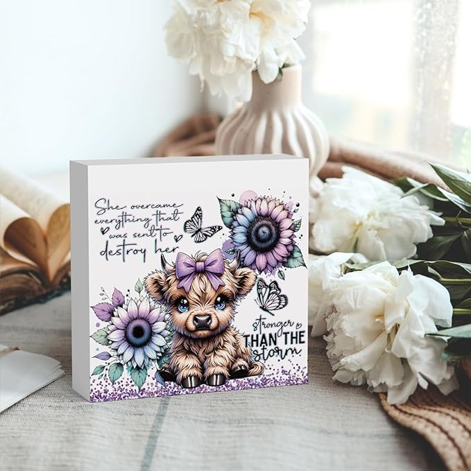 Cute Highland Cow Baby Decor, Highland Cow Sunflower Decor, Highland Cow Gifts for women, Highland Cow Nursery Decor, Wooden Box Decor Sign for Home Farmhouse Office Living Room Table Shelf