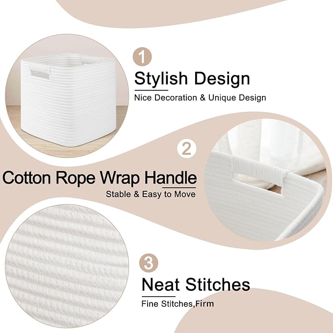 OIAHOMY Storage Cubes 11 Inch - 3 Pack, Cotton Rope Woven Baskets for Organizing, Square Storage Baskets for Shelves Organizer, Classroom, Kids Toy Bins, Closet, Baby Nursery-White