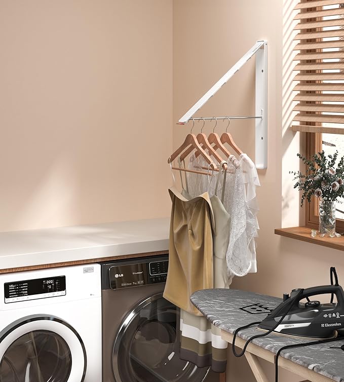 Dr.DJ Clothes Drying Rack Wall Mounted, Retractable & Foldable Clothes Hanger for Laundry Room Organization and Storage, Clothes Hanger Rack for Dorm, Closet, Balcony, Laundry Room(1P, Metal, White)