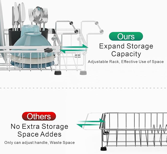 GSlife Expandable in Sink Dish Drying Rack - Stainless Steel Capacity Adjustable Over The Sink Dish Rack (13.4''-20.4''), Dish Drainer for Kitchen Sink Counter with Utensil Holder, Silver