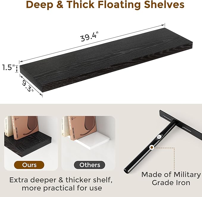 40 Inch Floating Shelves Black, 40" W x 9" D Floating Shelf Set of 2, Farmhouse Wood Wall Shelves for Bedroom, Kitchen, Wall Mounted Deep Shelving for Home Decor