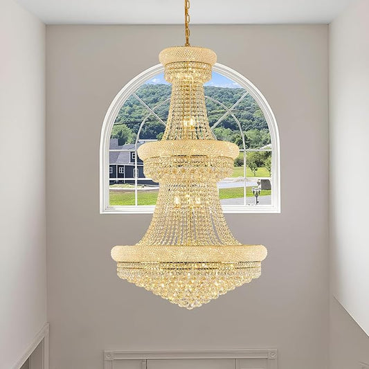 31 - Light Large Empire Crystal Chandelier for High Ceiling Foyer Entryway Staircase Living Room Dining Room Gold Finish