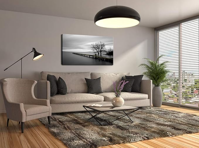 DZL Art S74962 Canvas Prints Modern Minimalist Black and White Lake Trees Landscape Wall Art Painting for Living Room Bedroom Decor Office Wall Decor Home Decoration