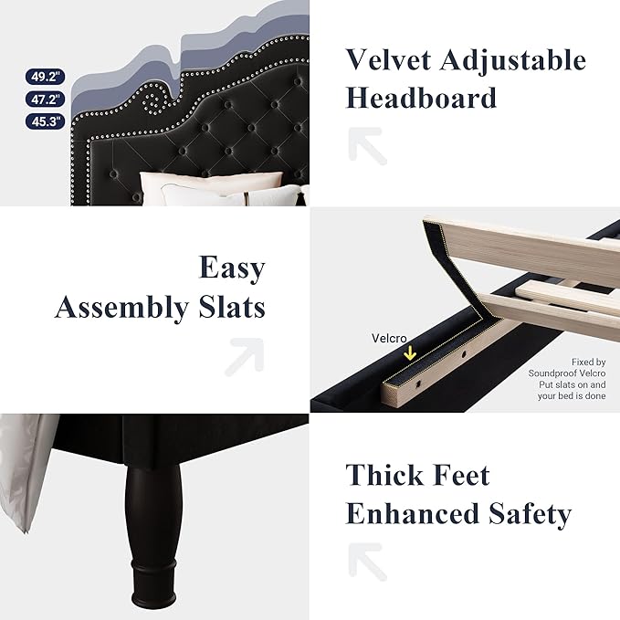 Allewie Full Size Bed Frame with Adjustable Velvet Tiara Headboard, Upholstered Diamond Button Tufted Platform Bed, Wood Slats Support, No Box Spring Needed, Black