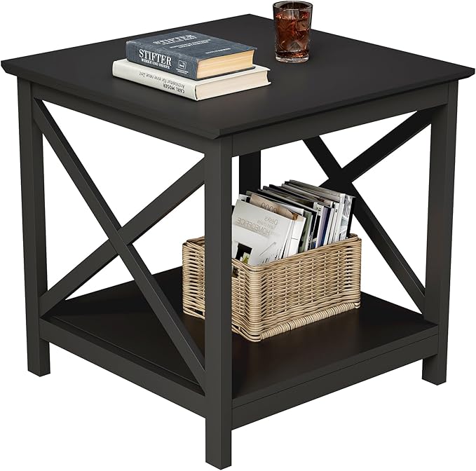 ChooChoo End Table, 24 Inch End Table with 2-Tier Storage Shelf, Side Table for Living Room, Wood Nightstand for Bedroom, Office, Painted Surface, Black