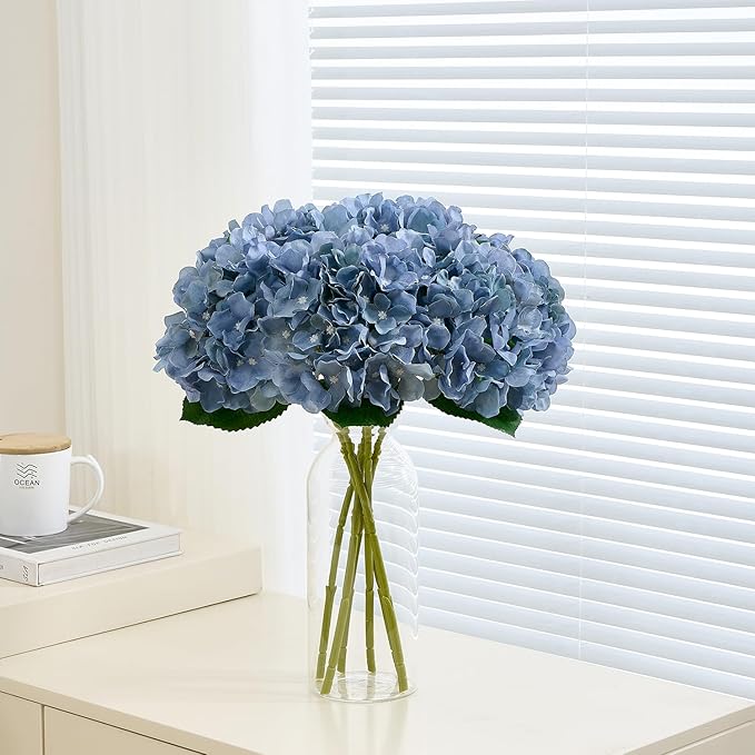 8Pcs Dusty Blue Fake Flowers Silk Hydrangea Artificial Flowers Bouquets Faux Hydrangea Stems for Home Table Centerpieces Wedding Party Decoration