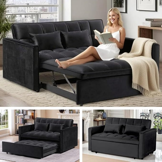 3 in 1 Sleeper Sofa Bed, Futon Sofa Bed for Living Room with Side Pocket, Black Sleepers Sofas Couch with Pullout Beds, Convertible Love Seat Sleepers Couch for Living Room, Bedroom,