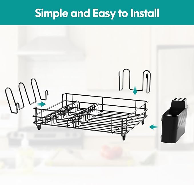 Black Stainless Steel Dish Drainers Drying Rack for Kitchen Counter with Drainboard Set, Rust Proof Metal, Space Saving, Modern Aesthetic, Compact Plates Strainers with Extra Mat