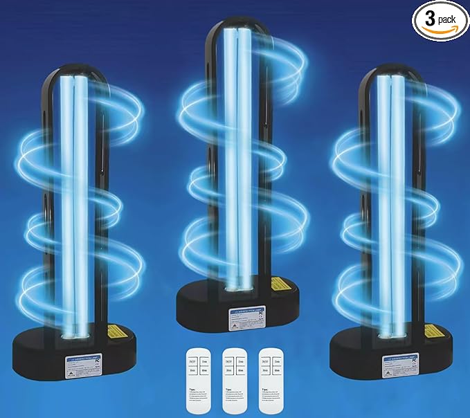 BAIMNOCM 3 Pack 38W UV Light Sanitizer, UVC Germicidal Lamp with Remote Control, UV Disinfection Light Bulb for Basement/Bedroom/Kitchen (2 Ozone Free + 1 Ozone)