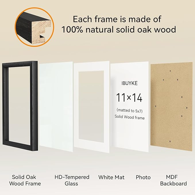IBUYKE 11 x14 Picture Frame,Set of 3,Solid Oak Wood 11x14 Photo Frame with Mat to 8x10,11x14 Picture Frames With Tempered Glass,Wall Mount Display,Home Decor,Black Oak 14 x 11 Frame,UWPF1114B-3