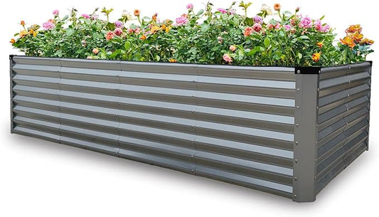 GARDMAX 8x4x2FT Galvanized Raised Garden Bed Kit, Metal Planter Boxes Outdoor with Easy Assembly, Large Garden Bed for Vegetables, Fruits, Flower, Herbs Rectangle Silver