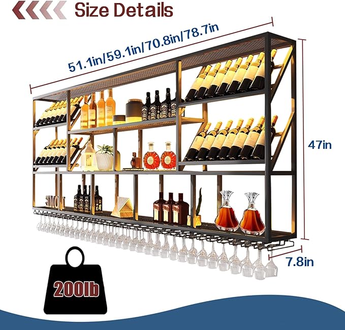 78.7Inch Wall Mounted Wine Rack, 3 Tiers Large Bar Shelves with 21 Glass Holder, Metal Wine Bottle Display Shelf, Modern Iron Liquor Shelf, for Kitchen Dining, Home Bar, Cellar (78.7" W)