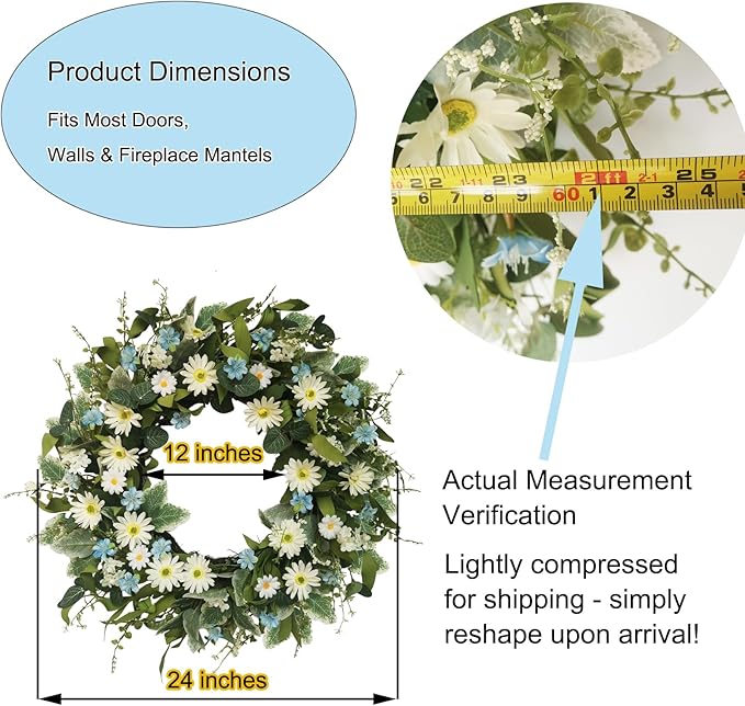 24 Inch Wreaths for Front Door, Large Spring Summer Artifiical Wreath with Blue White Daisy Flower, All Season Floral Wreaths for Porch Window Wall Decor Outside Indoor Outdoor Decorations