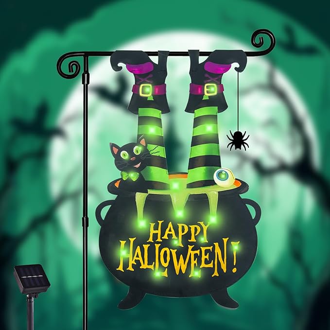 Halloween Lighted Garden Flag for Outside, Witch Feet Shape Flag Yard Decor, 8 Modes 12x18 Double Sided Cauldron Eyeball Black Cat Outdoor Hlloween Decorations for Home Porch