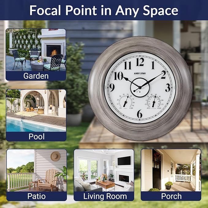 Andy Star 21 Inch Large Luminous Outdoor Wall Clock and Temperature for Patio, Pool, Oversized Round Wall Clocks Waterproof, Vintage Brushed Gray Oak Wooden Finish Silent Non Ticking