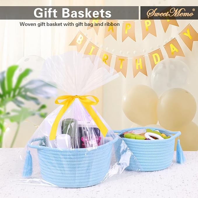 Empty Gift Basket – SweetMemo Mini Woven Rope Organizer Baskets for Gifting, Baby Shower, Desk, Makeup Brushes, Bathroom, Shelves – Small Decorative Storage Bin with Gift Bag & Ribbon – Soft Blue