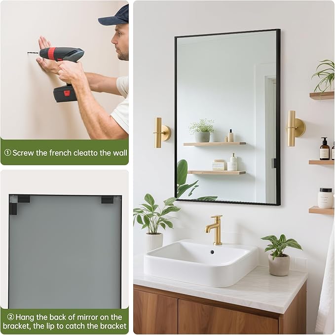 FARMER 26x38 Inch Black Bathroom Mirror, Rectangle Wall Mounted Mirror, Vanity Mirror, Brushed Square Mirror, Framed Bathroom Mirror for Bedrooms, Entryways, Living Rooms, Horizontal/Vertical