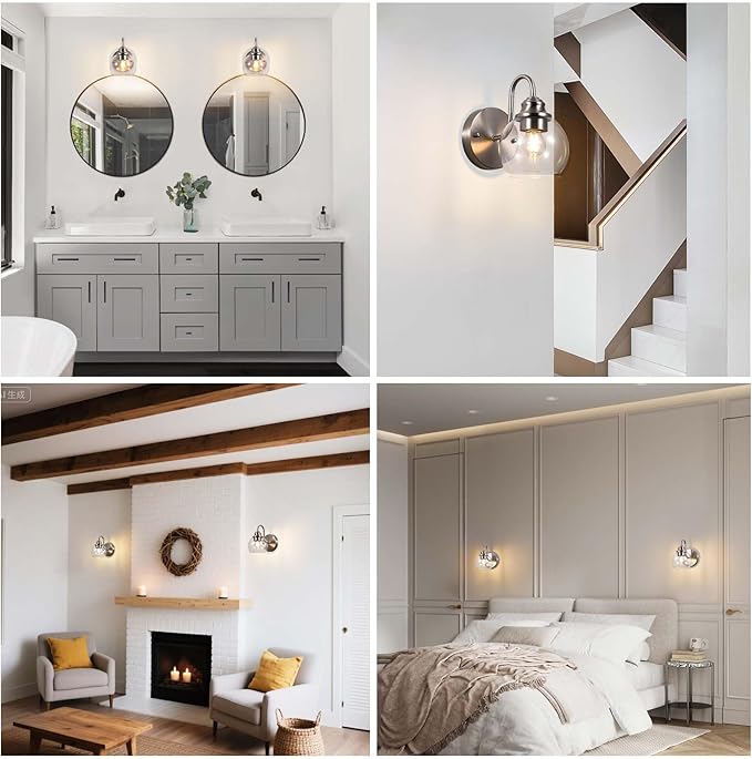 Farmhouse Gooseneck Wall Sconces Set of Two, Bathroom Brushed Nickel Vanity Light, Modern Indoor Wall Light Fixtures with Clear Glass for Bathroom Beside Mirror Living Room Hallway(Brushed Nickel)