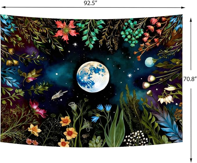 Delur Moonlit Garden Tapestry Boho Moon Floral Plant Tapestry Wall Hanging Colorful Flower Botanical Nature Night Landscape Headboard for Bedroom Living Room Home Decor (70.8" x 92.5")