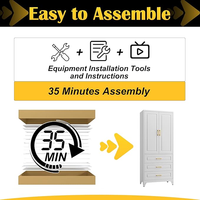 75" Kitchen Pantry Cabinet with 3 Drawer,Metal Storage Cabinets with Doors and 4 Adjustable Shelves,White Kitchen Cabinet with 2 Gold Handles,Food Cupboard for Livingroom,Pantry, Bathroom