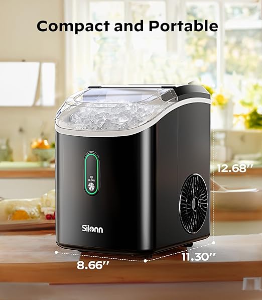 Silonn Nugget Ice Maker Countertop, Portable Pellet Ice Machine with Self-Cleaning Function, Sonic Ice Maker Produces 33lbs of Chewable Ice in 24 Hours, Ideal for Home Kitchen and Office, Black