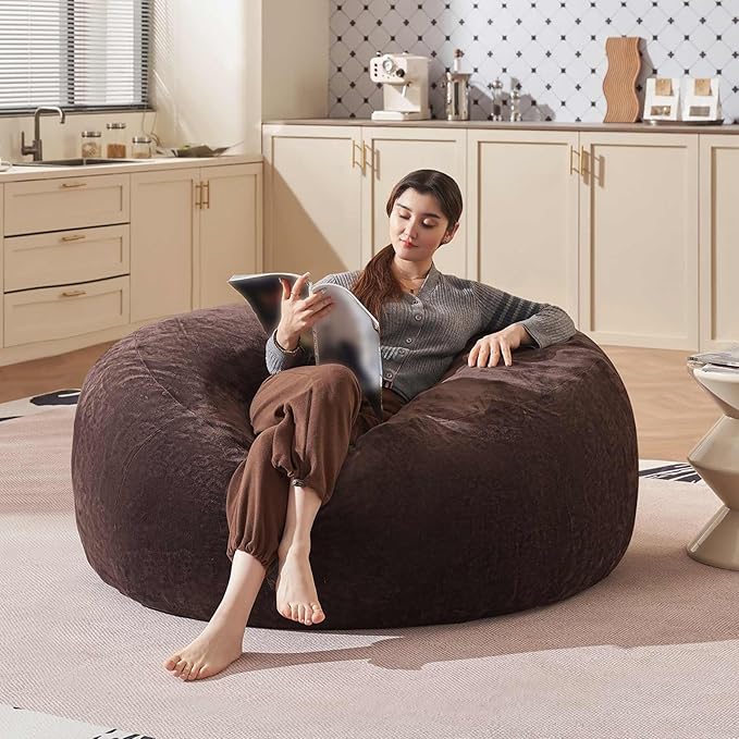 Bean Bag Chair 5Ft, Memory Foam Filled, Large Beanbag Chairs for Adults and Teens, Soft Sofa with Removable Flannel Cover, Round Couch for Living Room Bedroom College Dorm (Brown, 5FT-60×60"×24")