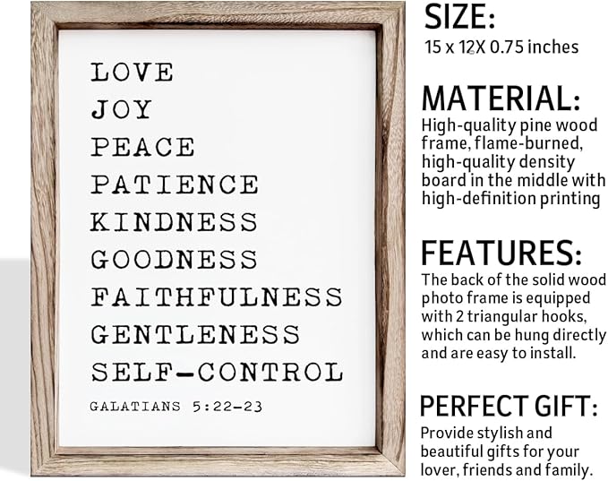 Christian Wall Decors, Positive Home Decors for Living Room, Galatians 5:22-23 Signs Decor, Scripture Decor Art, Framed Wall Plaque Sign 15 * 11.5 inches, Love Joy Peace Sign