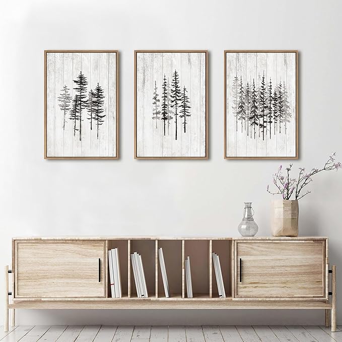 HPINUB Woodcut Style Pine Tree Framed Canvas Wall Art Set, Minimalist Modern Black and White Forest Wall Decor, Rustic Minimalist Canvas Painting for Living Room,Bedroom,Office Decor-16 x24 x3