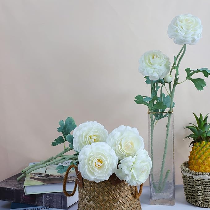 Artificial Ranunculus Long Stem Buttercup Silk Flowers 6pcs for Home Decor and Wedding Decorations(White 1)