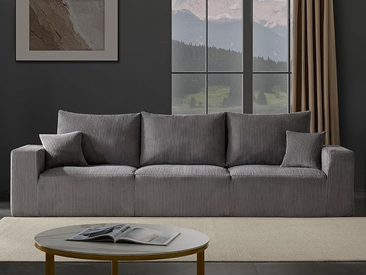 Boneless Cloud Couch Sofa for Living Room, 112" 3 Seater Grey Modern Lounge Sleeper Couch, No Assemble, Cordury Compression Upholstered Couches