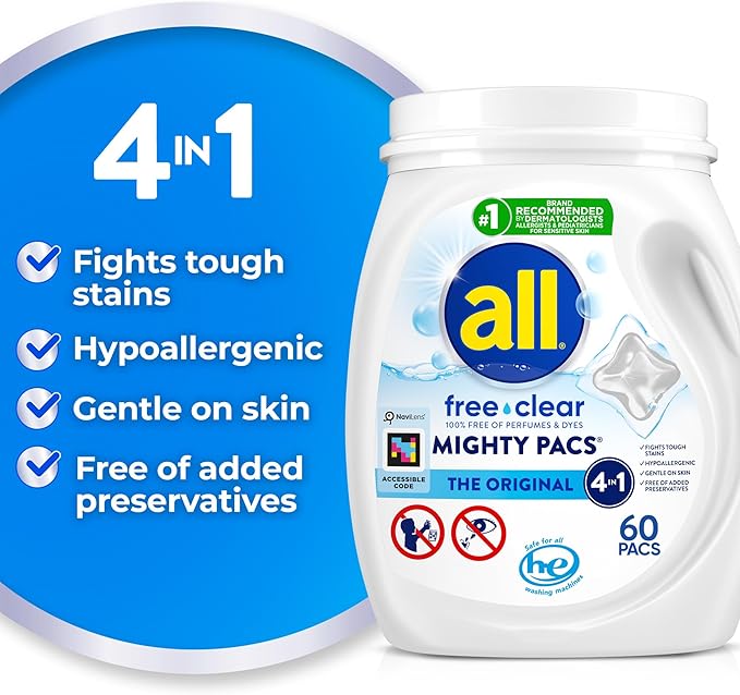 All Mighty Pacs Laundry Detergent, Free Clear for Sensitive Skin, Tub, 60 Count