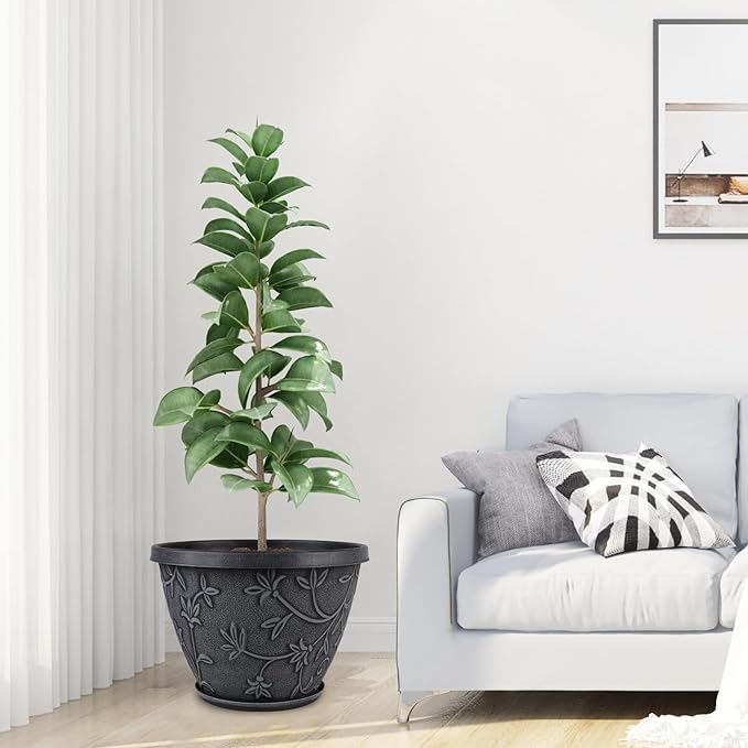 4 Pack 12 Inch Large Flower Pots for Outdoor Indoor, Plastic Plant Pots with Drainage Hole & Saucer, Modern Decorative Garden Pot, Imitation Magnolia Pots for Garden House Planters（Gray）