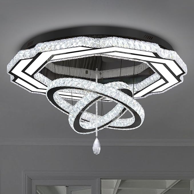 Flashing God Large Crystal Chandelier Dia 48" Black Chandelier Flush Mount Ceiling Light for Bedroom Living Room Dining Room Hallway Dimmable 3 Rings LED Celing Lighting Fixtures