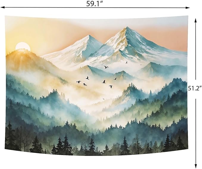 Delur Mountain Tapestry Boho Misty Sunset Forest Tree Tapestry Wall Hanging Sunrise Nature Landscape Psychedelic Headboard for Bedroom Living Room Home Decor (51.2" x 59.1")