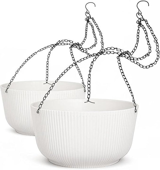Dexceder 11.2 Inch Self Watering Hanging Planters Indoor Outdoor, Thickened Hanging Basket Flower Plant Pot (2 Pack, White)
