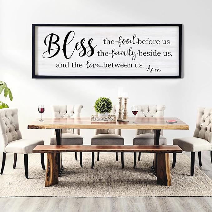 Bless the Food Before Us, the Family Beside Us, and the Love between us Framed Wall Art for Dining Room, 40''×15'' Holy Positive Religious Rustic Bible Verse for Christian God Jesus Christ Prayer