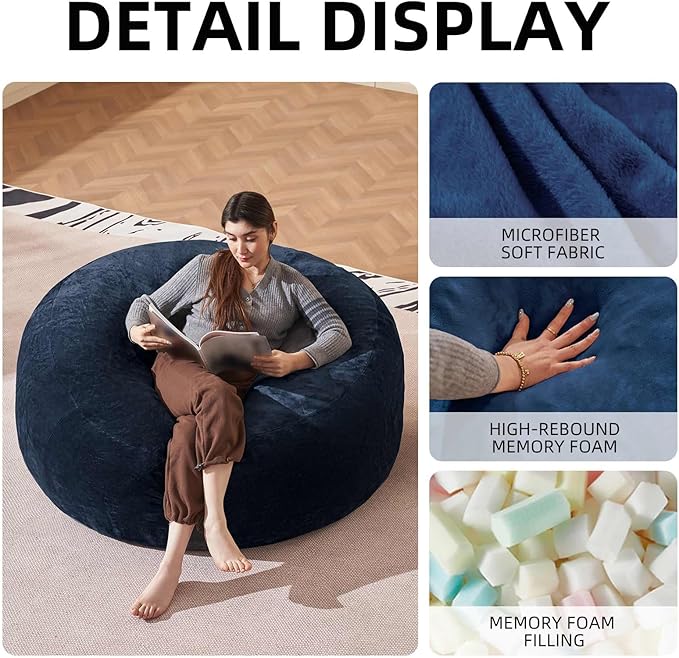 Bean Bag Chair 4Ft, Memory Foam Filled, Large Beanbag Chairs for Adults and Teens, Soft Sofa with Removable Flannel Cover, Round Couch for Living Room Bedroom College Dorm (Blue, 4FT-47×47"×24")