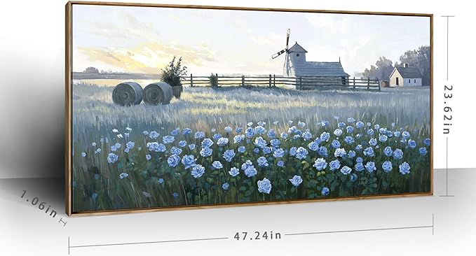 amatop Large Framed Country Landscape Wall Art – Blue Floral Canvas Art Print Vintage Rustic Farmhouse Picture Sunset Nature Artwork Wall Decor for Bedroom Dining Room Office Entryway 48x24 Inch