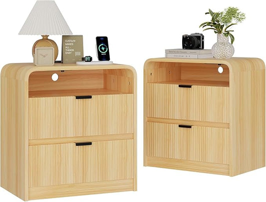 FURSUN 24" Fluted Nightstand Set of 2 with Charging Station, Wooden End Table with 2 Drawers Storage, Curved Profile Design, Modern Bedside Cabinet for Bedroom Living Room, Natural Oak