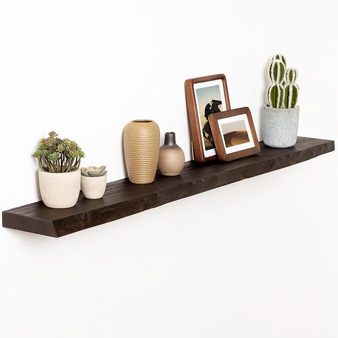 Fun Memories 48" Floating Shelves for Wall, Live Edge Solid Elm Wood Floating Shelf with Invisible Bracket, Wall Mounted Display Wooden Shelves for Bathroom, Kitchen, Bedroom, Walnut Color, Set of 1