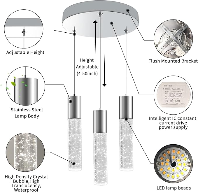 OKELI Dimmable LED 3-Light Pendant Light for Kitchen Island, 18W 1350LM Modern Bubble Crystal Island Light Fixture,6000K, Electro-Chrome, Easy Installation, Round