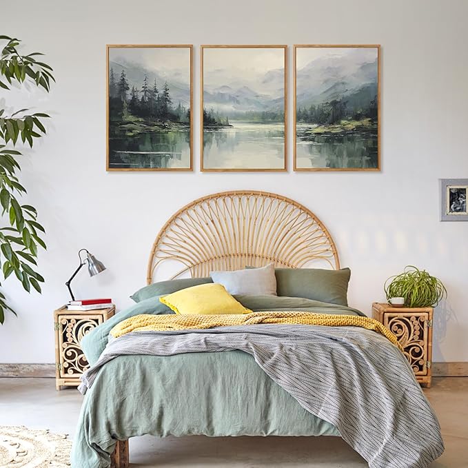 Aurlan Emerald Green Mountain Lake Landscape Framed Wall Art(16"x24"), 3PCS Abstract Forest Nature Canvas Artwork, Large Minimalist Watercolor Modern Pine Trees Scenery Decor for Office Home